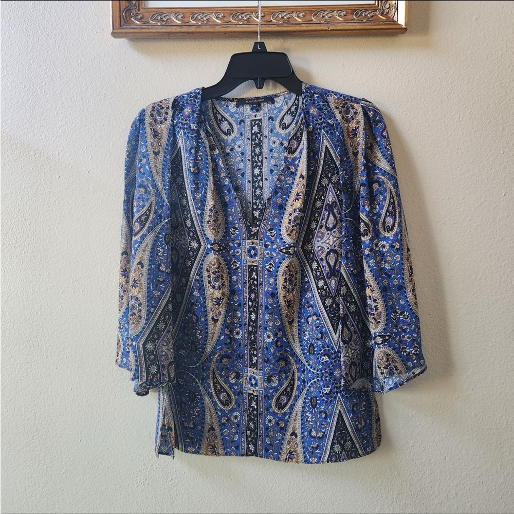 Kobi Halperin Womens Jeneva Navy Blue pattern Paisley Silk Blouse top size XS